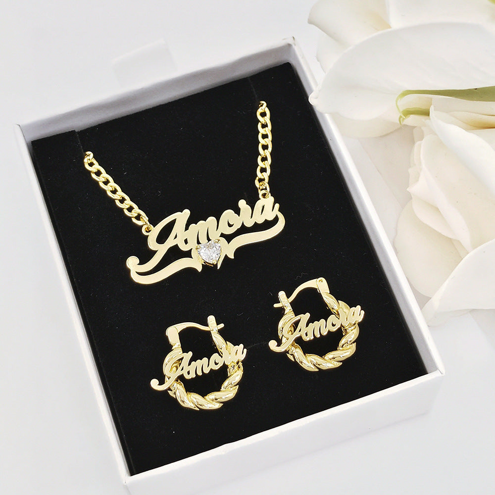 Custom Heart Gem Name Necklace Set