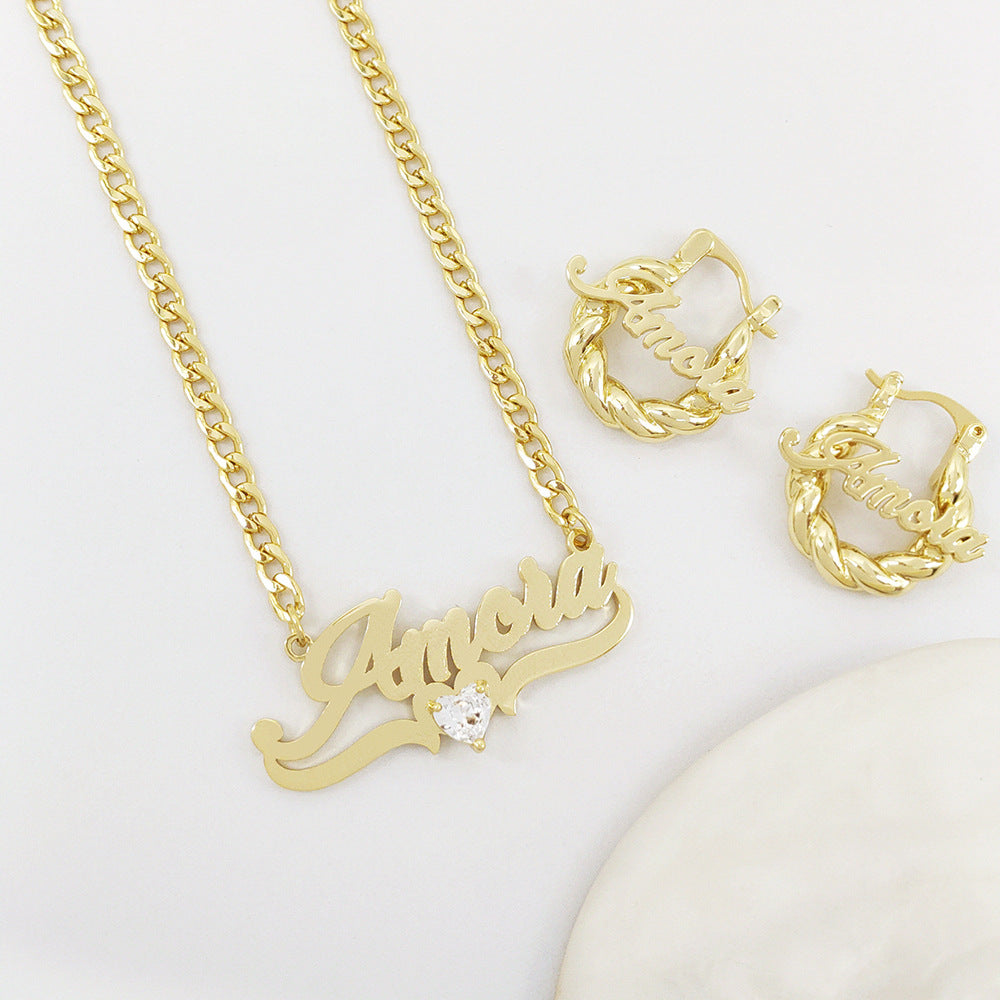 Custom Heart Gem Name Necklace Set